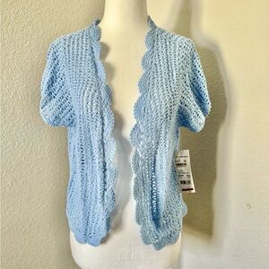 NWT NY Collection Knit Crop Short Sleeve Cardigan Summer Love Blue - Size Large